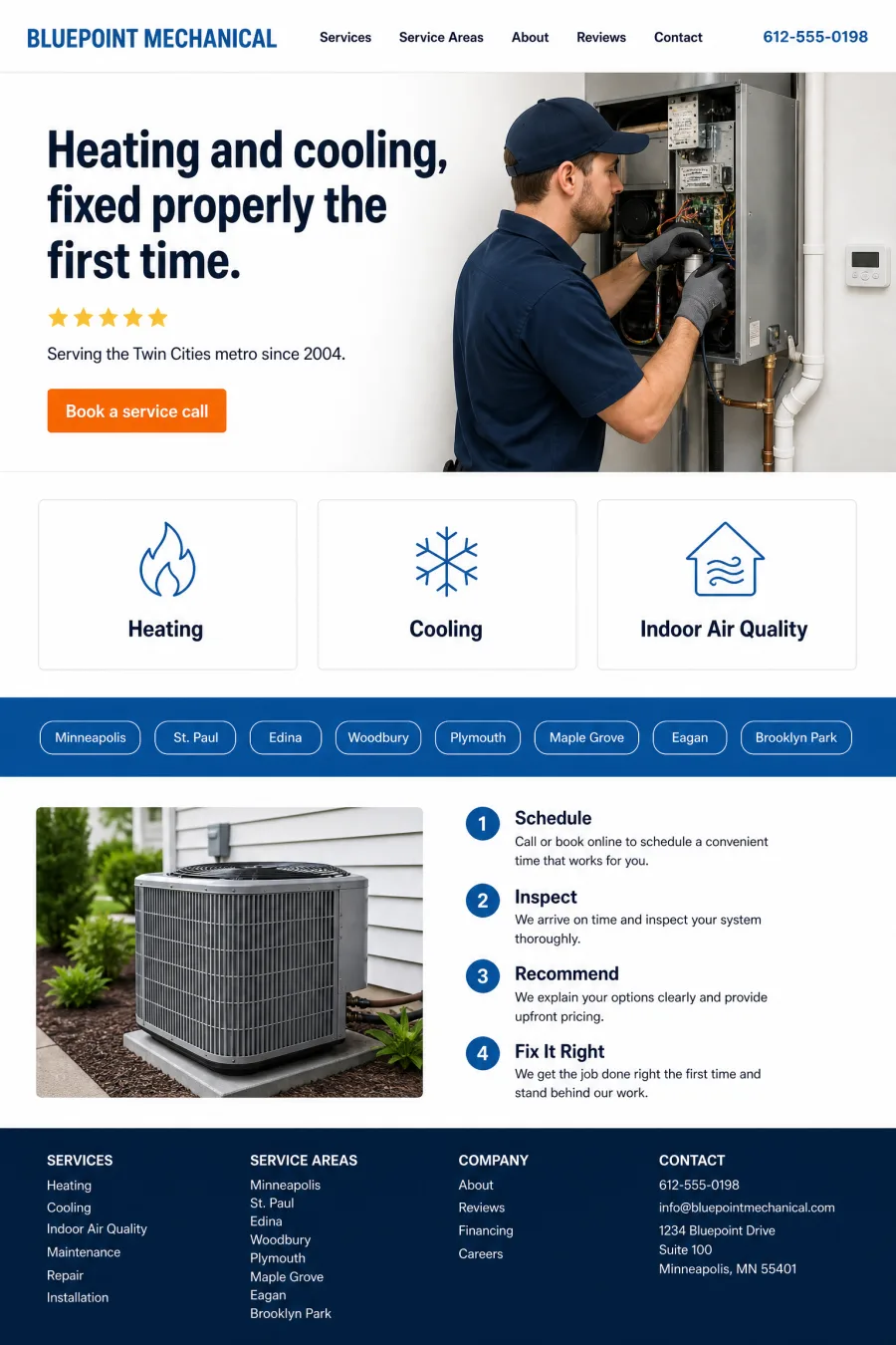 Multi-page website for a heating and cooling contractor, organised by service and area