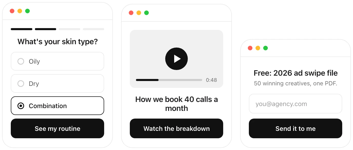 Funnels Senno builds — a quiz, a VSL, and a lead-magnet funnel