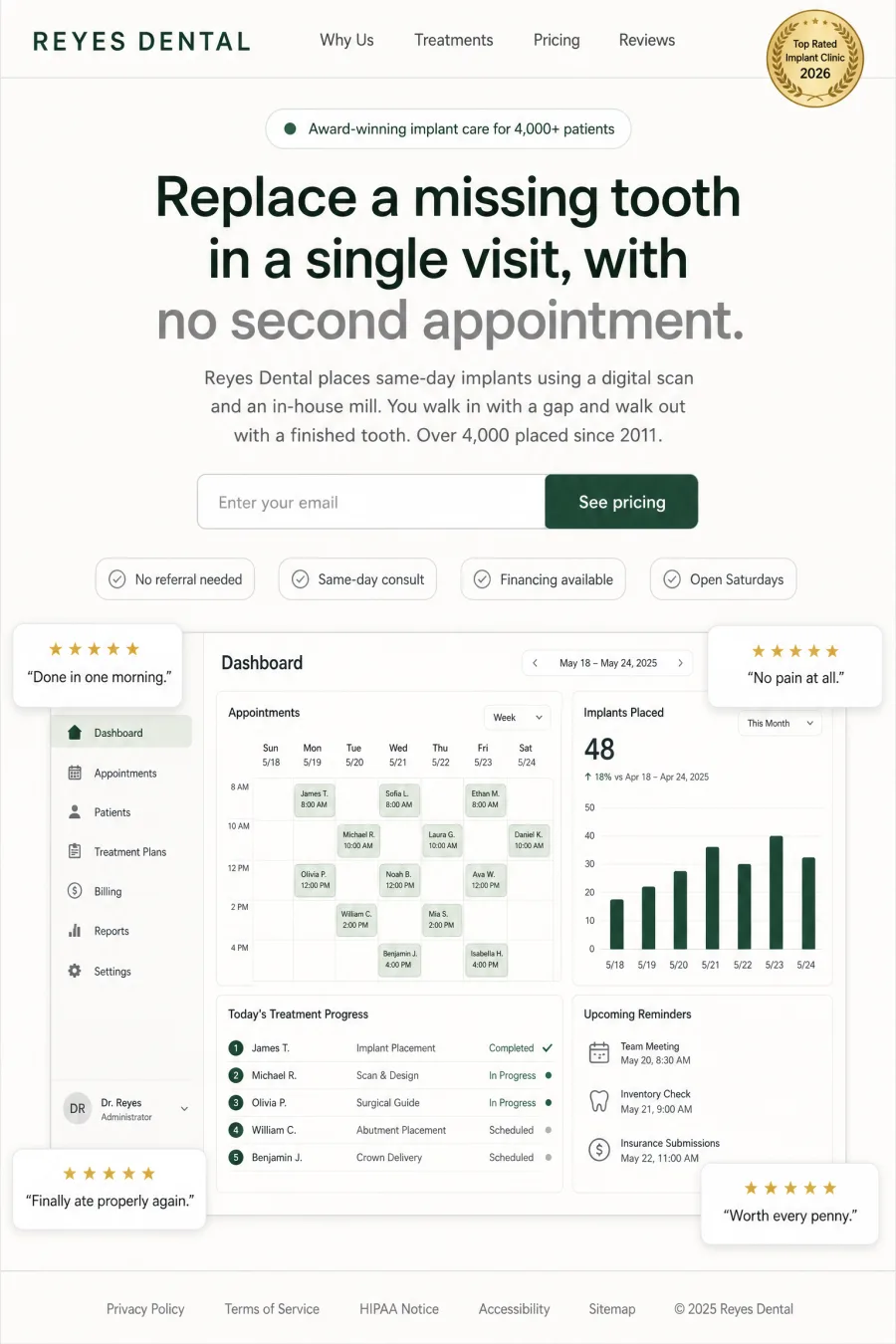Landing page for a dental clinic, built around one booking action