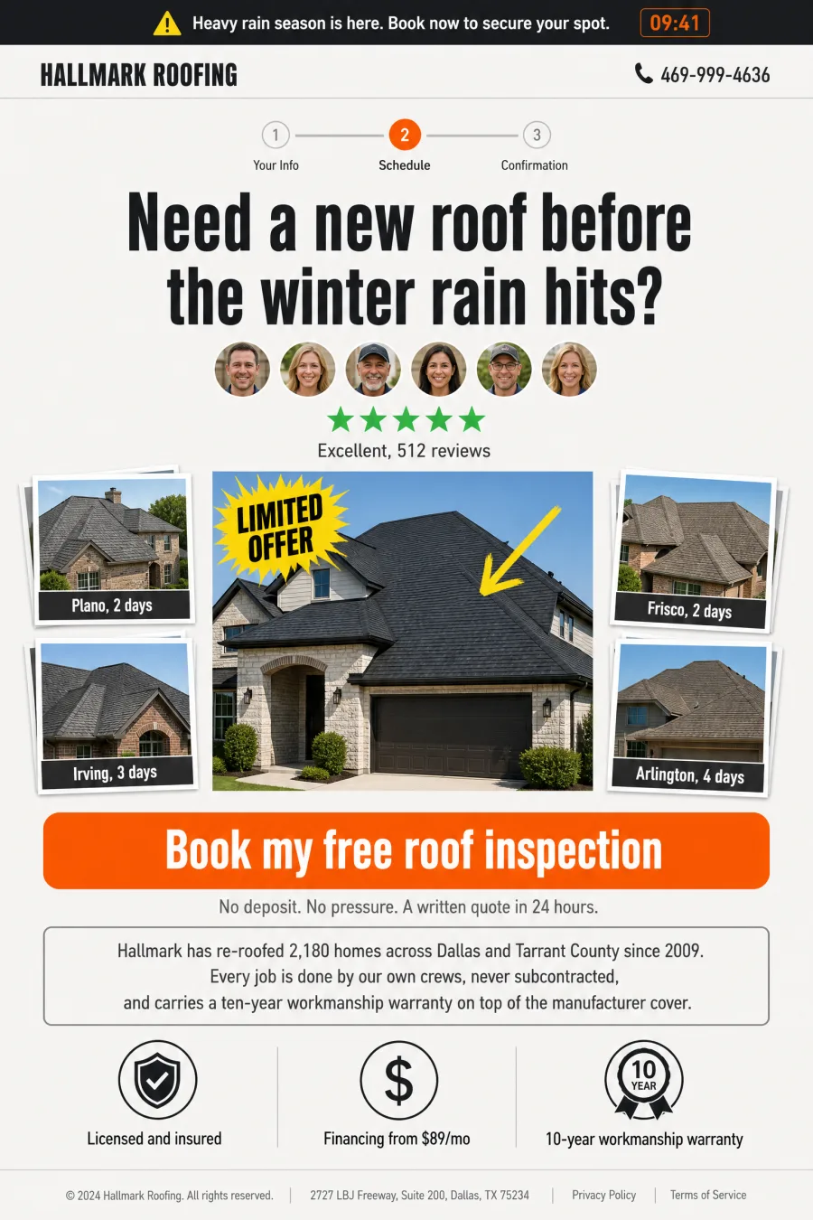 Landing page for a roofing contractor, built around one inspection booking