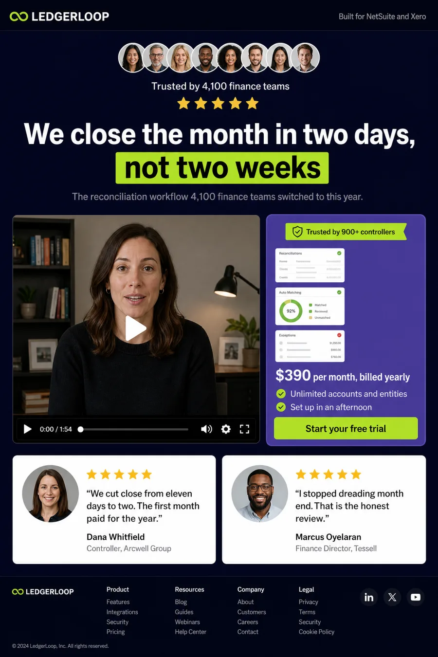 Landing page for a finance software product, built around one trial signup